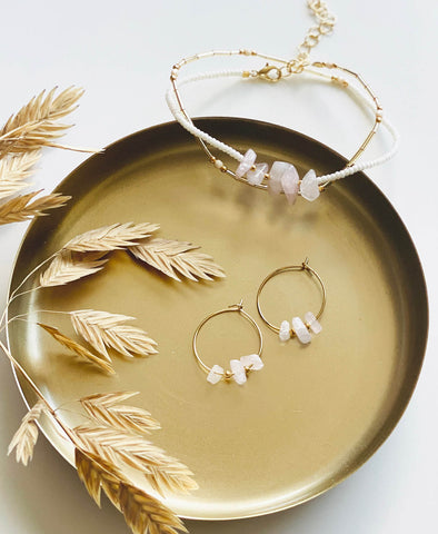 Armband & Creolen set • Rozenkwarts, goud