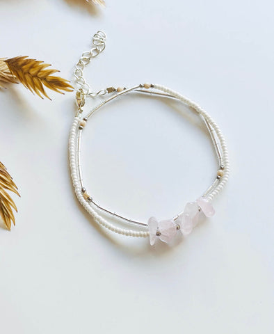 Armband & Creolen set • Rozenkwarts, zilver
