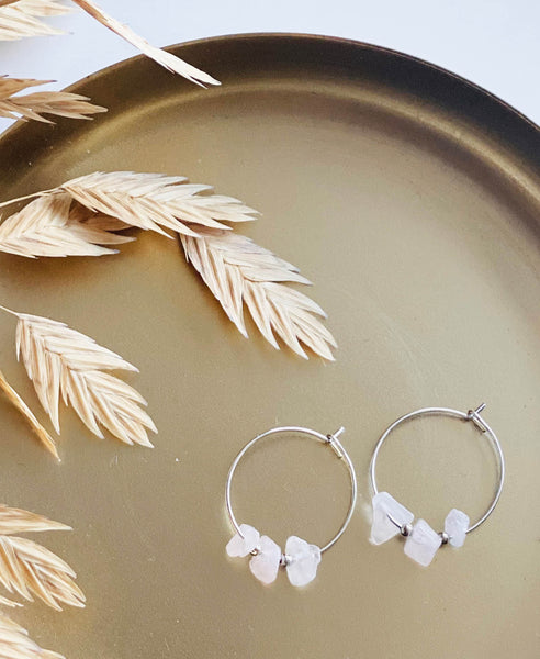Armband & Creolen set • Rozenkwarts, zilver