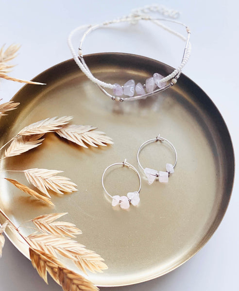 Armband & Creolen set • Rozenkwarts, zilver